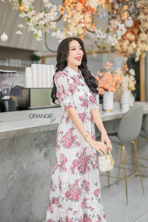 Orange Collar Floral Print Half Sleeves Mid-Length Dresses